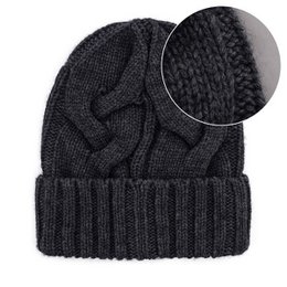 Charcoal grey knitted beanie, merino cashmere blend, minimalist design, warm winter hat, ribbed texture.