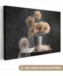 Lærredsmaleri - vægdekoration - blomsterfrø - mælkebøtte - vase - stilleben - buket