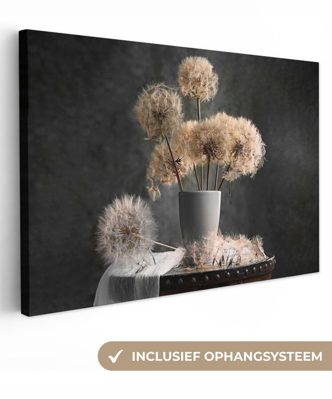 Lærredsmaleri - vægdekoration - blomsterfrø - mælkebøtte - vase - stilleben - buket