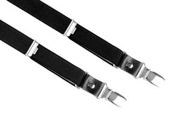 Black adjustable suspenders for children, featuring metal clips for secure attachment.