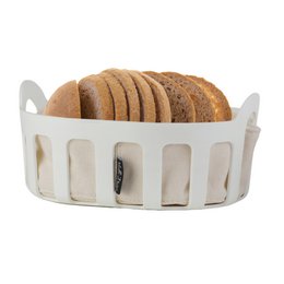 A white bread basket with a cotton insert, designed by LIVIO. The basket features a simple, minimalist design with cutout details.