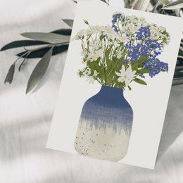 Postcard blue vase with blue and white wildflowers