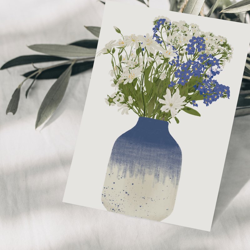 Postcard blue vase with blue and white wildflowers