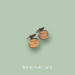 Stainless steel cufflinks with cork fabric in various colors and styles, including The 007, The Fresh Prince, The Natural, and more.
