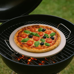 Cream ceramic round pizza stone with metal handles, barbecue grilling tool accessory.