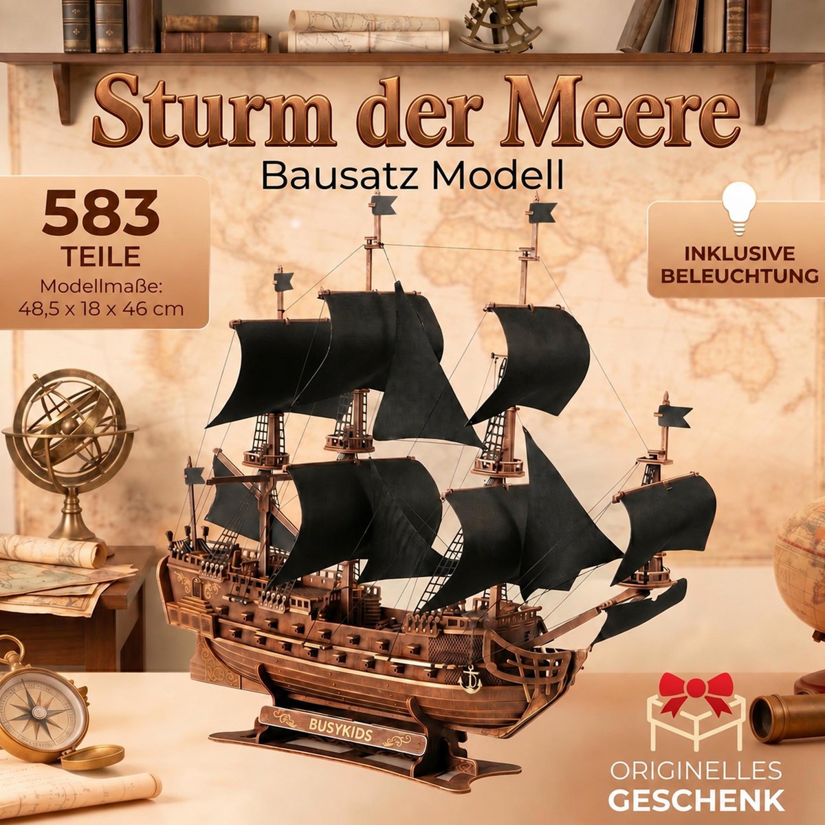 Galeone aus Holz mit LED-Beleuchtung – 3D-Holzpuzzle 583 Teile, Schiffsmodell mit Segeln und Takelage, Modellbausatz ab 12