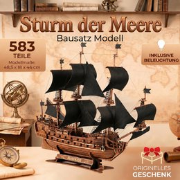 Galeone aus Holz mit LED-Beleuchtung – 3D-Holzpuzzle 583 Teile, Schiffsmodell mit Segeln und Takelage, Modellbausatz ab 12