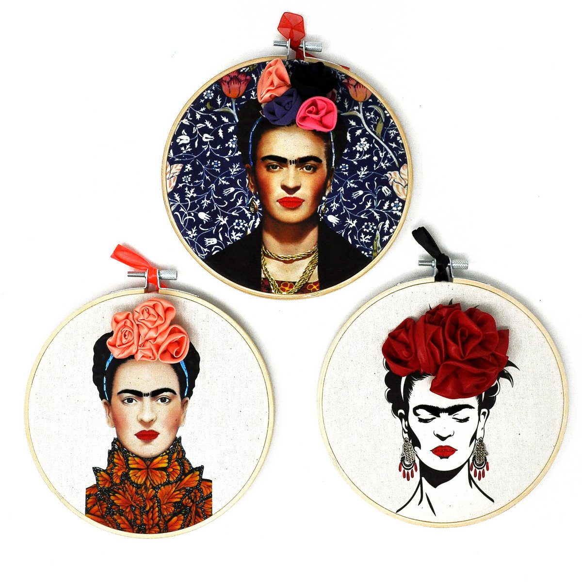 Ispirato a Frida – Set di decorazioni da parete con ritratto ricamato 15 cm (3 pezzi)