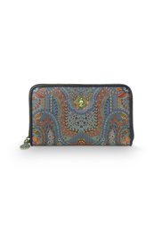 A rectangular wallet made of leather with a vibrant paisley pattern in shades of blue, green, and orange. The wallet has a zipper closure and measures approximately 18cm x 3cm x 11cm.