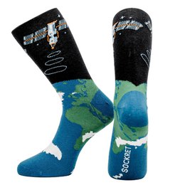 "Colorful patterned socks with an image of the Earth and space elements."
The socks feature a vibrant, patterned design with an image of the Earth and various space elements such as stars and planets. The socks appear to be made of a soft, stretchy material and come in a range of sizes from 36-40 and 41-46. The design includes shades of blue, orange, and black, creating a visually striking and unique appearance.
