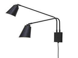 Black double-arm wall lamp with adjustable shades, suitable for wall lighting in living rooms or bedrooms.
