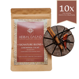 Dark brown cacao powder in a paper package with a wooden background and a cup of hot chocolate.