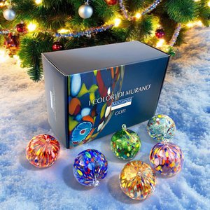 6 Classic Christmas Christmas Balls Bover en hand met Murrine di Murano, "I Colori di Murano" lijn gemaakt in Italië