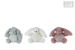 Soft, plush rabbit-shaped rattle toy in gray, white, and pink colors.