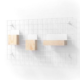 A set of 4 white shelving units with a minimalist, grid-like design. The units feature wooden shelves and a wire mesh backing, providing a versatile and modern storage solution.