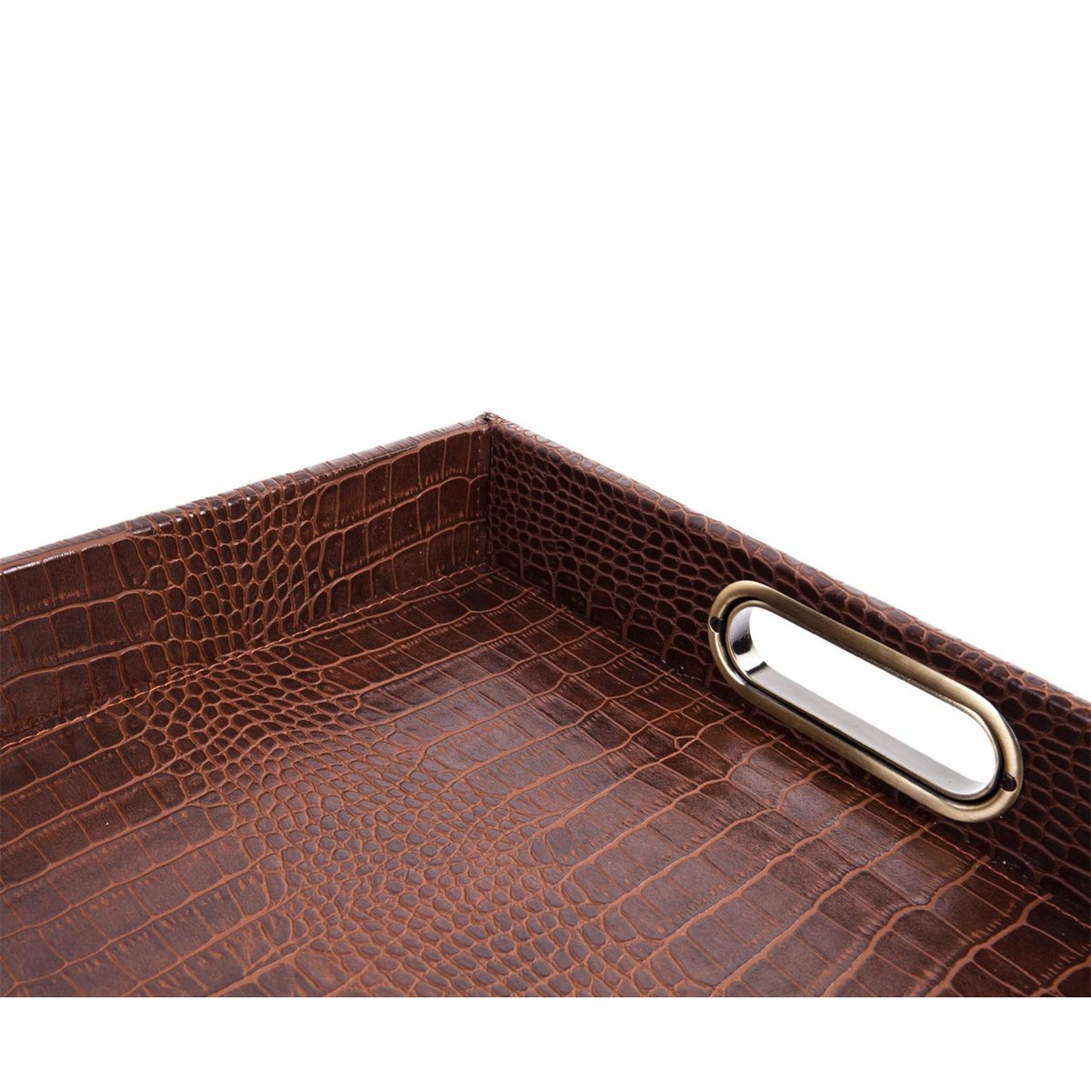 Plateau rectangulaire avec poignées en laiton crocodile marron clair