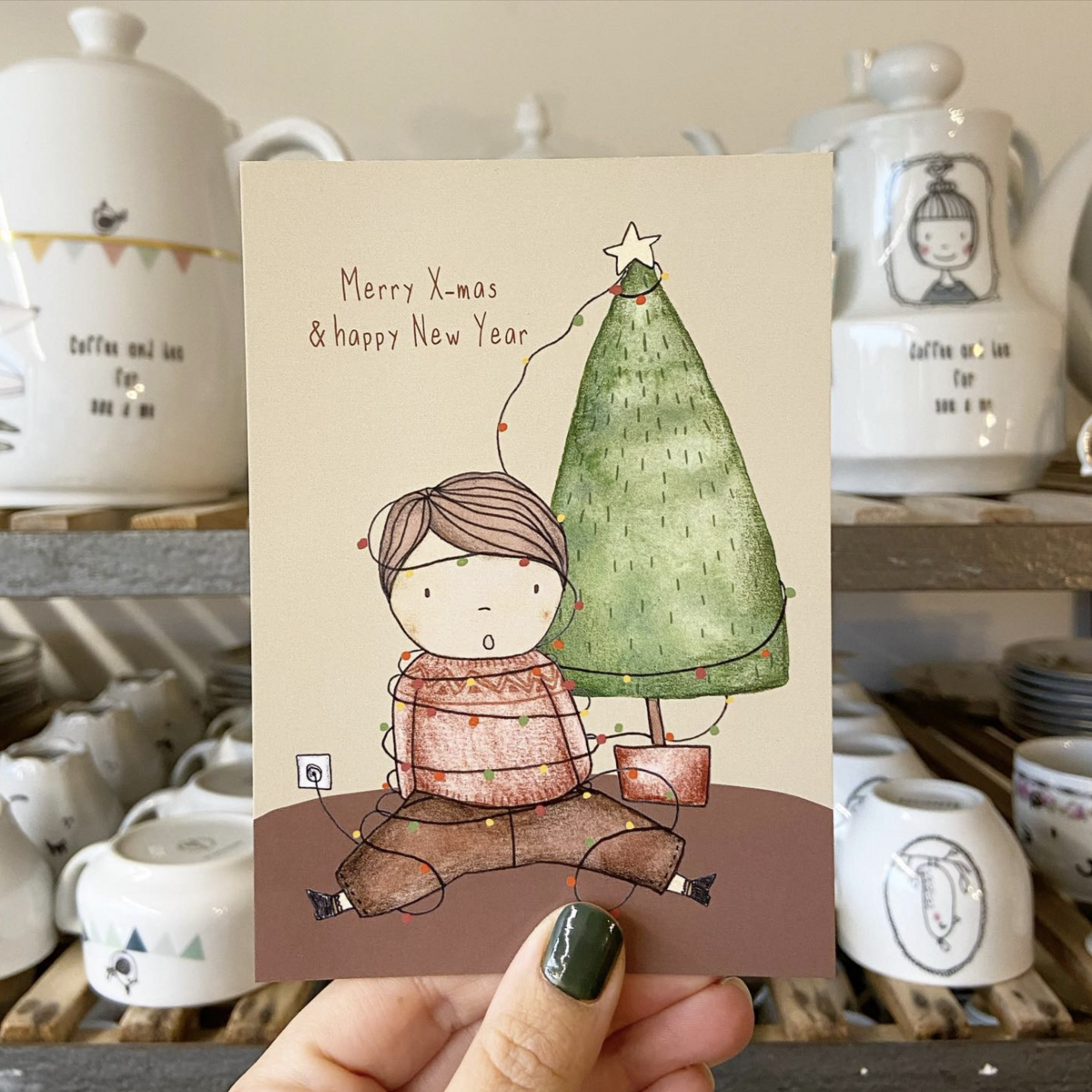 card + envelope - boy tangled in Christmas lights