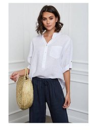 Women's 100% linen blouse available in a variety of colors including camel, blue jeans, khaki, royal blue, mustard, fuchsia, coral, white, beige, sky blue, charcoal gray, light gray, navy, green, orange, black, neon pink, pink, lavender, taupe, red, tobacco, terracotta, chocolate, and neon fuchsia.