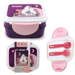 Moomin-themed bento lunch box with cutlery set, featuring a round, stackable design in purple and pink colors. Includes a main compartment and smaller side compartments for organizing meals.