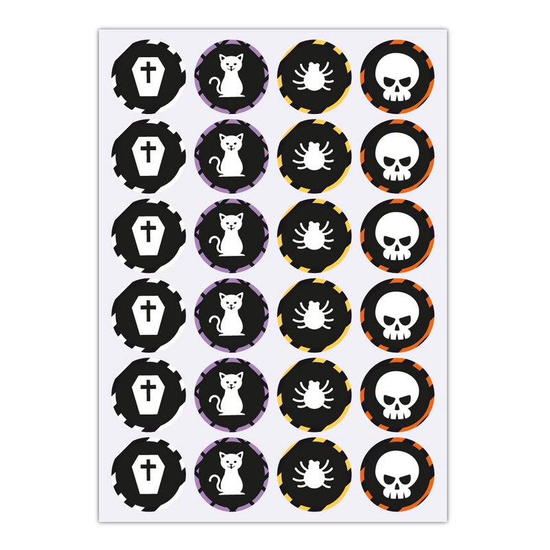 24 spooky Halloween stickers with spiders and co (ø 45mm; 6 x 4 motifs)