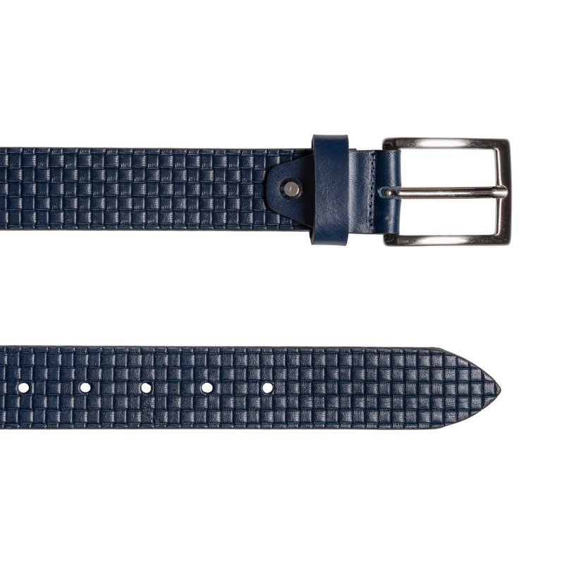 RB4028D | Men's Belt with Allover Print Made in Italy in Genuine Vegetable Tanned Leather. Buckle in satin silver finish. Color: Blue. Dimensions: 125 x 3.5 x 0.5 cm (waistline 110 cm)