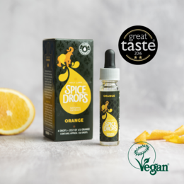 Orange-flavored natural extract, vegan, spice drops, and oil.