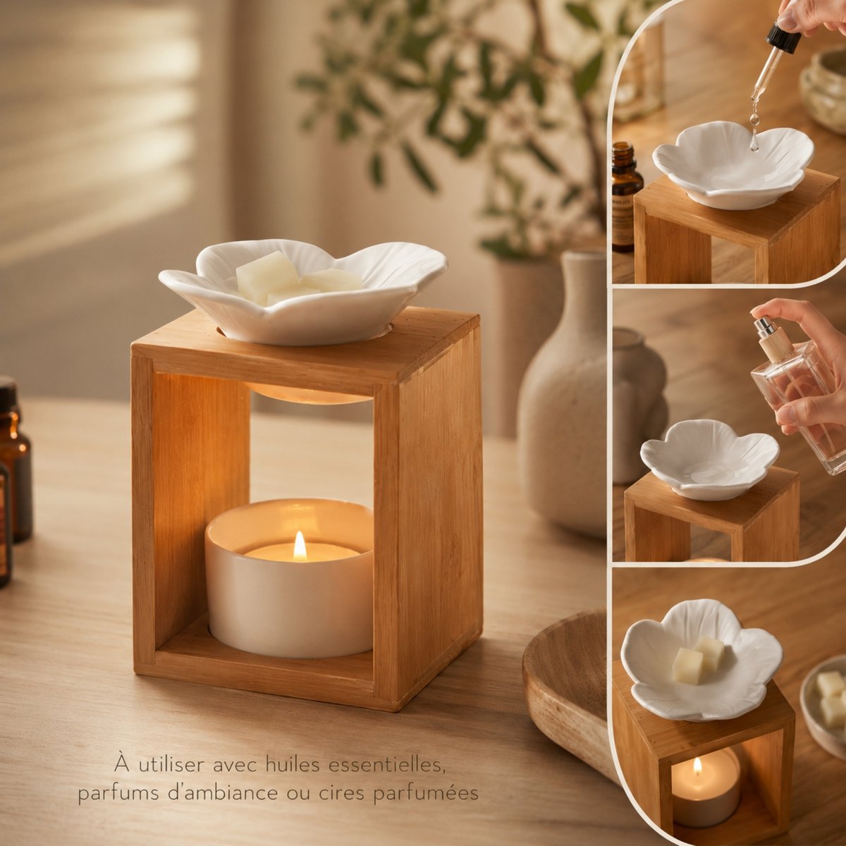 Perfumy Burner Seria Naturea - Plumeria - z ceramiki i bambusa - Aromaterapia, woski zapachowe, olejki eteryczne - Dekoracyjny pomysł na prezent