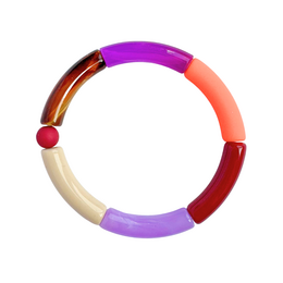 Colorful beaded bracelet with purple, pink, red, cream, and burgundy segments. Stackable design.