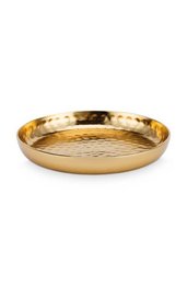 A round, gold-colored metal serving platter with a hammered texture, measuring approximately 12cm in diameter. Suitable for serving food or decorative display.