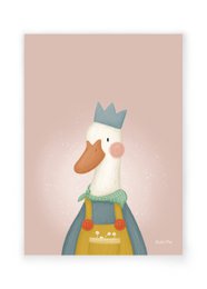  A whimsical illustration of a rooster wearing a crown and colorful outfit, against a soft pink background. The description highlights the key visual elements that could be used for semantic search, including the rooster's style, colors, and the text on the image.