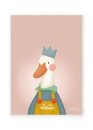 A whimsical illustration of a rooster wearing a crown and colorful outfit, against a soft pink background. The description highlights the key visual elements that could be used for semantic search, including the rooster's style, colors, and the text on the image.