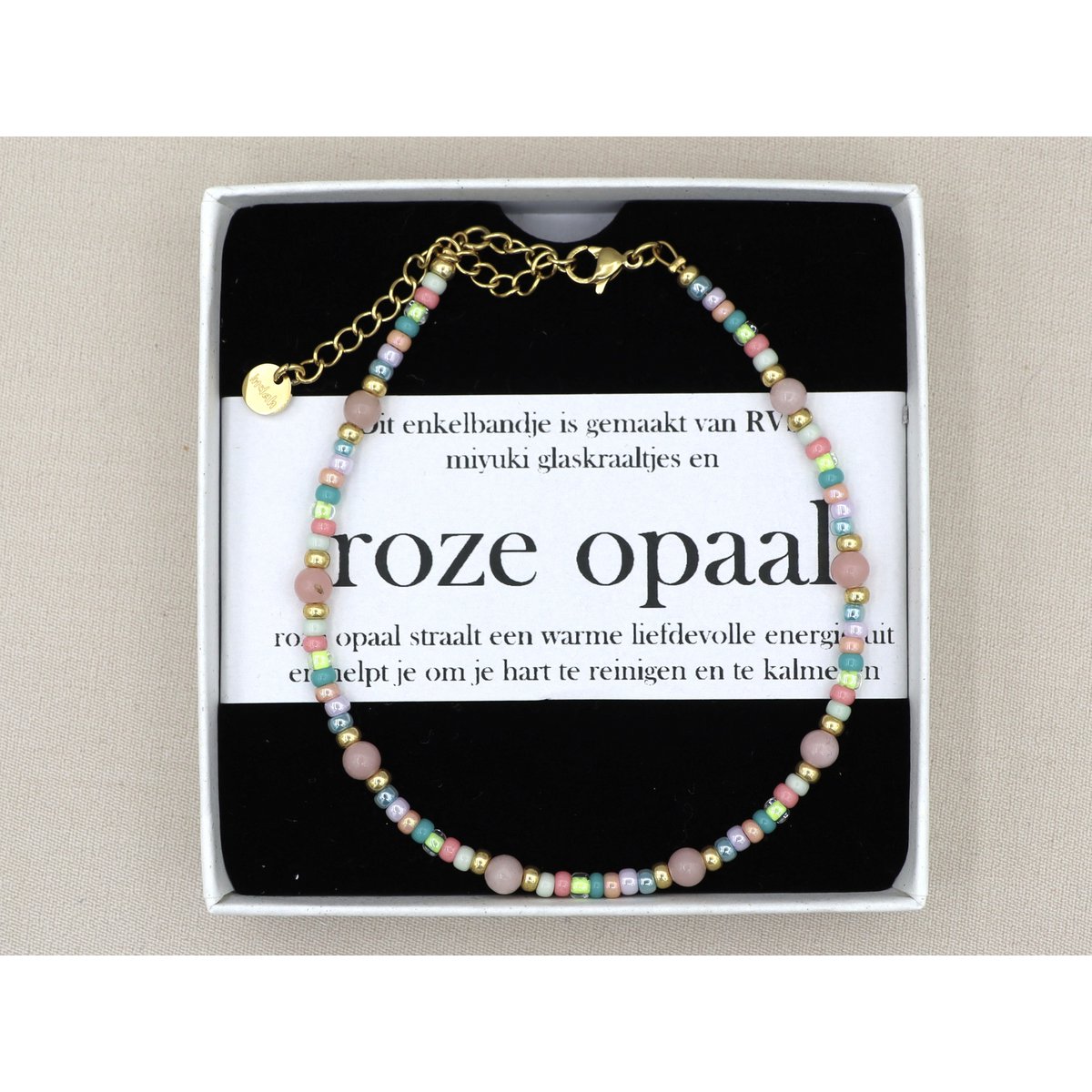 Enkelbandje roze opaal, zilver of goud rvs