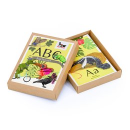 A set of ABC cards featuring colorful illustrations of animals and objects. The cards are designed for educational purposes, likely for young children learning the alphabet.