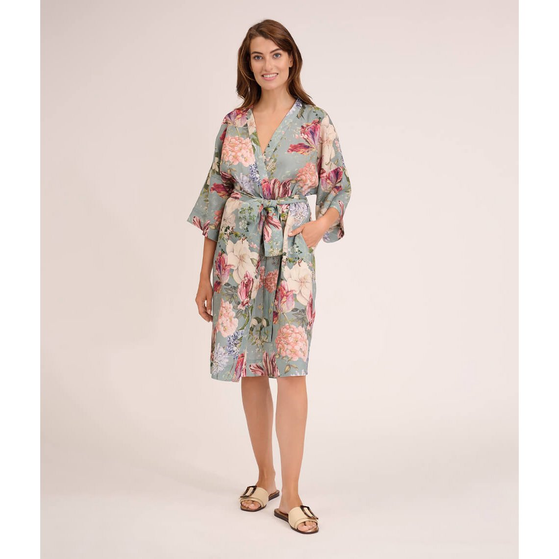 Lniany szlafrok kimono Garden Emerald
