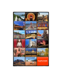 Dark chocolate 72% gift set with various landmarks and attractions of Lyon, France.