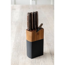 LAGUIOLE 40269023, sæt med 5, køkkenknive sæt, rustfrit stål sæt, titanium, med akacie træblok, kokkeknive, brød, skimmer, kød, fisk, sort klinge