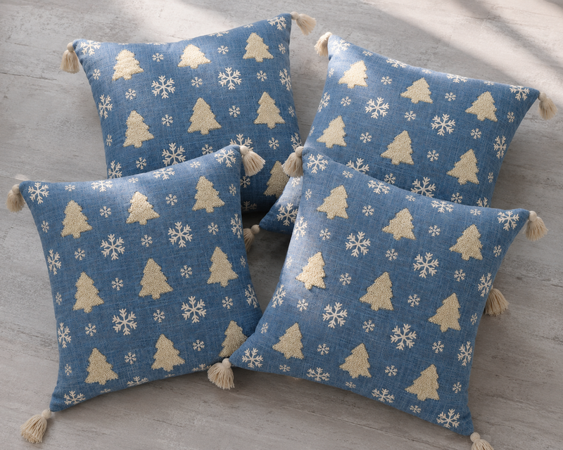Pack de 4 fundas de cojín navideño – Árboles nevados azules
