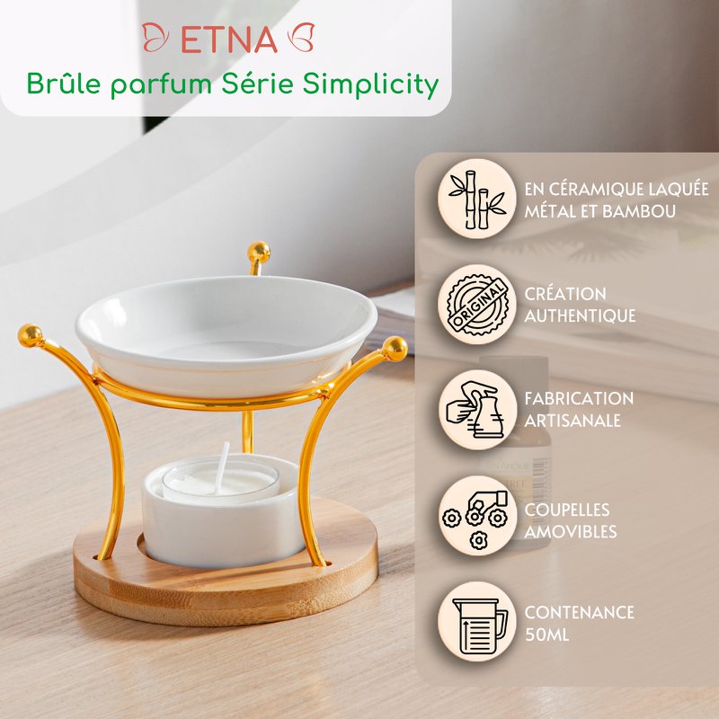 Simplicity Series perfume burner - Etna - Metal, Lacquered Ceramic and Bamboo - Gift Idea - Simple Modern Decoration