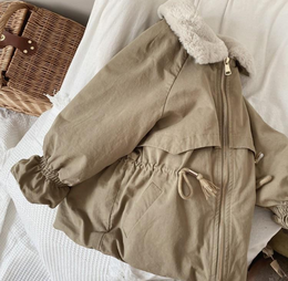 Beige kids jacket with faux fur lining and hood, suitable for ages 12 months to 10 years.