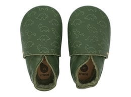Soft Sole Dino Olive baby shoes in sizes L, M, S. Green shoes with dino print pattern.