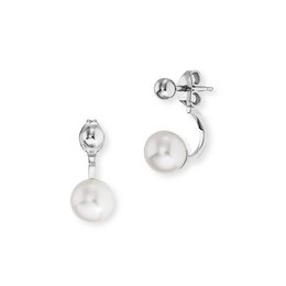 Rhodium-plated sterling silver stud earrings with white pearls. The earrings feature a classic and elegant design, with a pearl drop hanging from a stud post. Suitable for formal or casual wear.