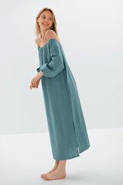 MOON — Vestido midi de lino lavado a la piedra con hombros descubiertos