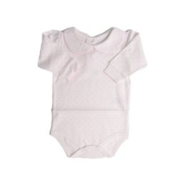 Pink short-sleeved baby bodysuit with dotted polka dot pattern, soft cotton material for infants.