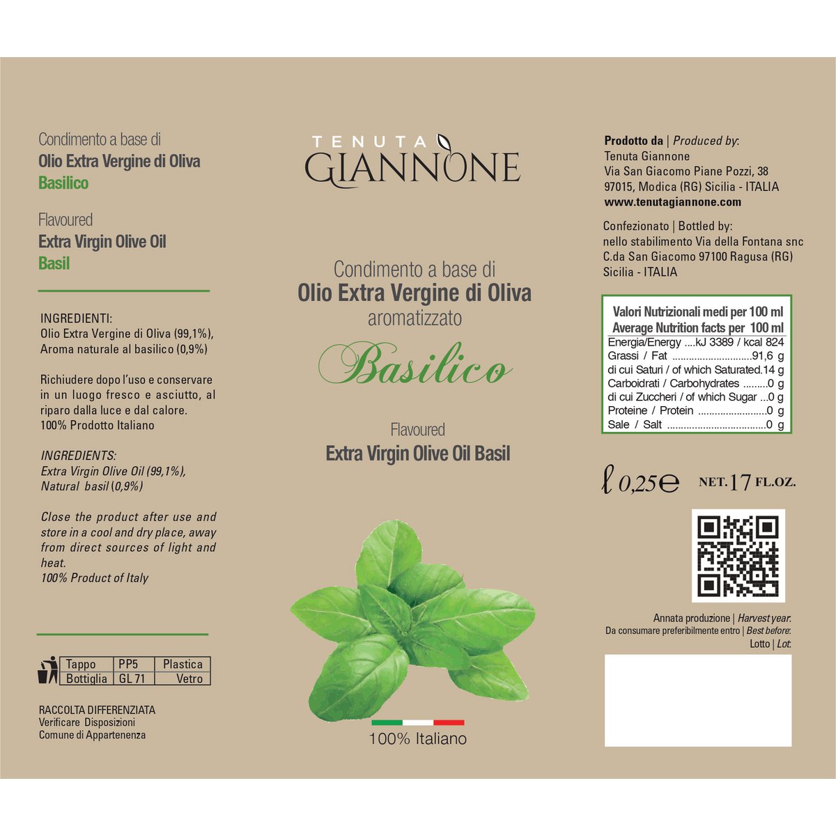 ITALIA | SICILIA | FLAVOURED Extra Virgin Olive Oil | BASIL | 250 ml