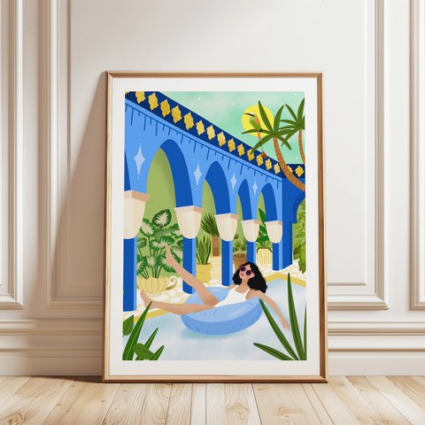 A4 poster illustration girl in swimming pool - art print
