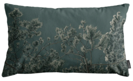  Dark teal cushion cover with frosted pine branch pattern, rectangular 30x50 size, winter botanical design.