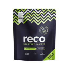 Pear and vanilla flavored recovery powder containing 1 kg of protein. Features a chevron pattern design in shades of green and black.