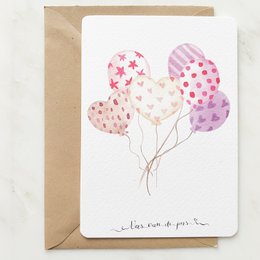 Greeting card with pink and purple patterned balloons. Suitable for congratulations or celebrations.