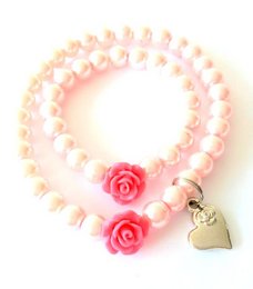 Bracelet maman & bébé fille Perles roses & Rose corail