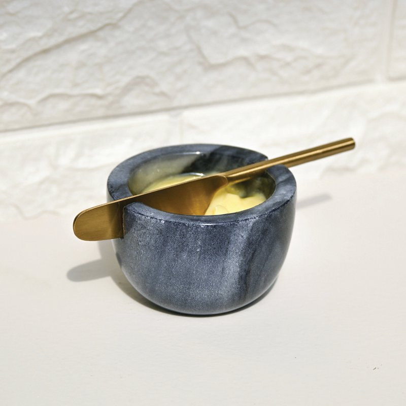 Plato de mantequilla | Cuchillo de Mármol Artesanal Blanco Gris | Oro